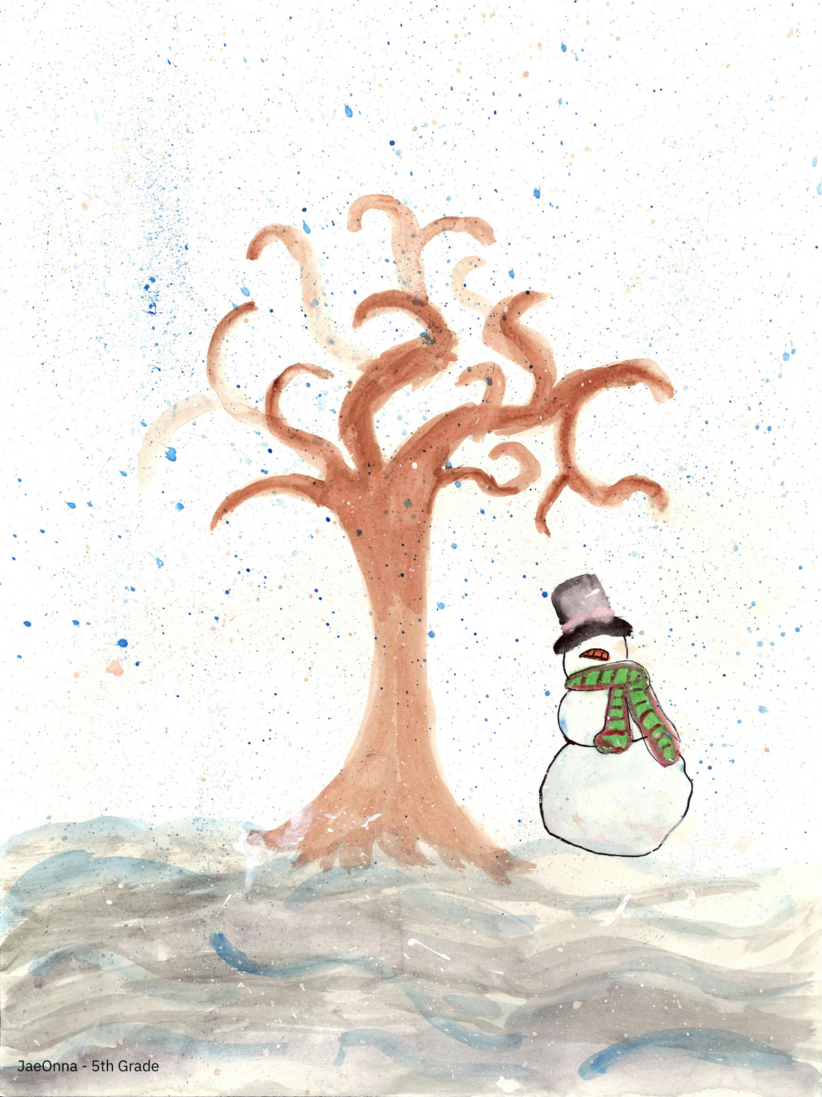 Student's artwork shows a snowman next to a barren tree in a wintry landscape